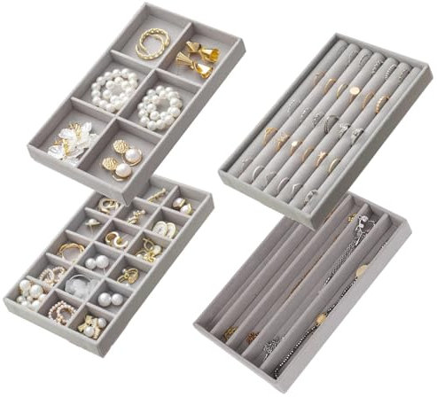 Jinavoty Jewelry Drawer Organizer Inserts Set of 4, Jewelry Organizer for Drawer Velvet Jewelry Tray Storage for Earring Ring Necklace Watch Bracelet (Gray)