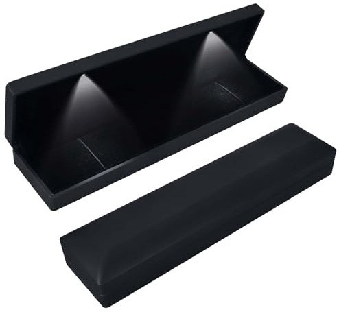 Long Necklace Box With LED Light, Necklace Bracelets Pendant Watch Chain Jewelry Gift Box, Velvet Jewelry Display Case with 2 LED Internal Light, for Proposal Engagement Wedding, 23*5.5*3.5cm, Black