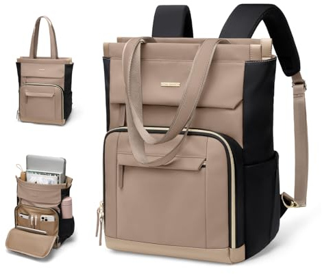 GOLF QUALITY Mochila convertible para mujer, mochila de mano para laptop, bolsa de libros para la universidad, trabajo, enfermera, viajes, Marrón champán, negro, 40,64 cm