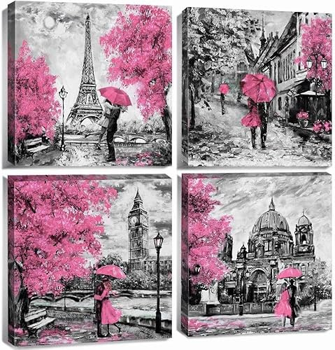 Rosa Wandkunst Schlafzimmer Bilder für Wanddekoration Abstrakte Aquarell Wandgemälde Wohnzimmer Dekorationen Paris Stadt Landschaft Leinwanddrucke Kunstwerk Moderne Romantisches Wohnkultur 30x30cm 4P