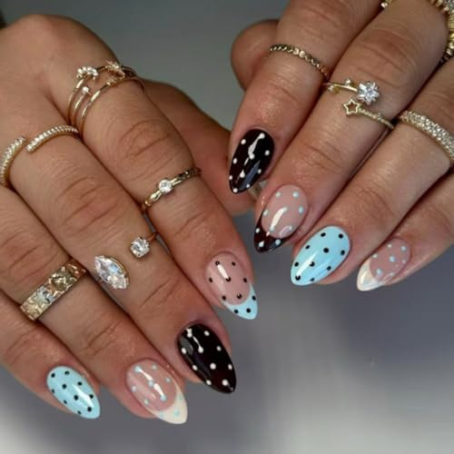 Blue & Black Almond False Nails Polka Dot, Cute Round Spots Short Short French Tip False Nails, Handmade Stick On Nails for Women Daily Wear & Occasions (24 Pcs, Multiple Sizes)