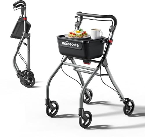 Indoor Rollator Walker, Lightweight Rollator with Tray for Home, Walking Aid for Senior Disabled, 4 Wheel Mobility Walker, Storage Basket, Adjustable Height, Braking System, Aluminium, Silver