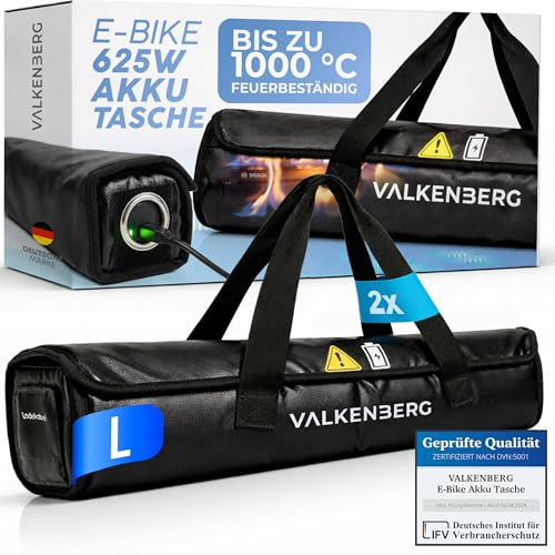 VALKENBERG E-Bike Akku Tasche 2er Set – Feuerfeste Akkubox für E-Bike Akkus mit Kabeldurchführung – Akku Schutzhülle feuerfest inkl. Trageschlaufe – Akku Transportbox & Aufbewahrungstasche, Größe L