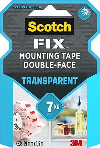 Scotch-Fix Ruban Adhésif Double Face, Transparent - 1 Rouleau 19 mm x 1,5 m - Pour Utilisation Intérieure - Fixation sans Dommage - Supporte jusqu'à 7 kg