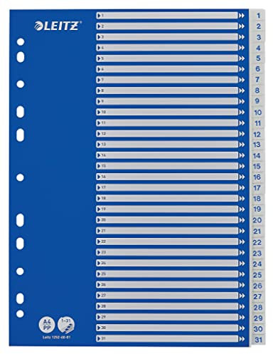 Leitz Register für A4, Deckblatt aus Karton und 31 Trennblätter aus Kunststoff, Taben mit Zahlenaufdruck 1-31,Blau/Weiß, 12526001