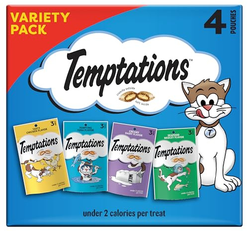 Temptations Classic Crunchy and Soft Cat Treats Feline Favorites Variety Pack, 3 oz. Pouches (Pack of 4)