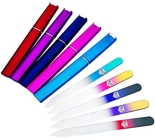 Bona Fide Beauty Lot de 5 limes à ongles en verre tchèque avec étui – Limes à ongles professionnelles en cristal pour ongles naturels (multicolore). Cadeaux attentionnés, limes à ongles réutilisables