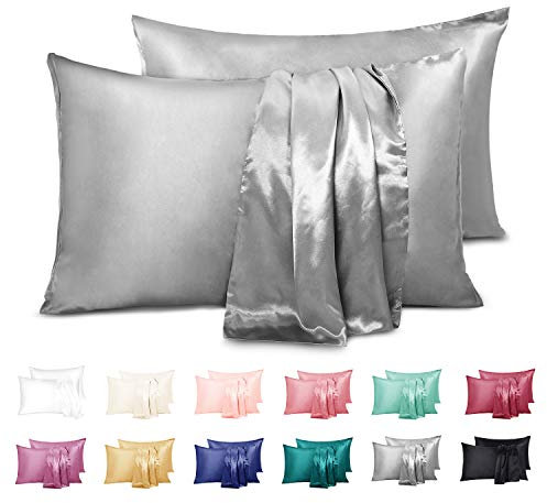 Duerer Satin-Kopfkissenbezüge für Haar und Haut, Standard/Queen-/King-Size mit Hotelverschluss, Doppelpack, Mikrofaser, grau, 50 x 66 cm (20x26)