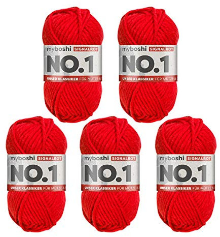 myboshi No.1 Wolle zum Häkeln und Stricken, Schnellstrickgarn, langlebige Mützenwolle, Strickwolle, Häkelwolle, mulesing-frei, 50g, Ll 55m Rot (Signalrot) 5 Knäuel
