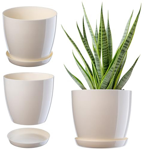 KADAX Élégant pot à fleurs/plantes avec soucoupe Forme ronde et élégante En plastique léger Pour l’intérieur et la maison Cache-pot pour fleurs, plantes Ø 14 cm ivoire