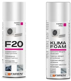 Trattamento Sanificante Climatizzatori Faren, Klima Foam Detergente Schiumogeno + F20 Igienizzante Spray, Pulizia Completa per Climatizzatori Casa e Auto, Elimina Sporco e Cattivi Odori
