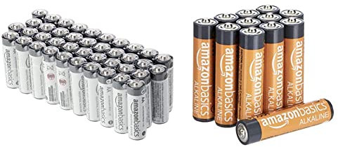 Amazon Basics AA Alkaline Batteries, Industrial Double A, 5-Year Shelf Life, 40-Pack & AAA Alkaline Batteries, High-Performance (Triple A), 10-Year Shelf Life, 12-Pack