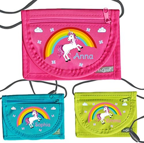 MissRompy | Brustbeutel Einhorn mit Name (869) und Sicherheitsverschluss Umhängebeutel breast bag Portemonnaie