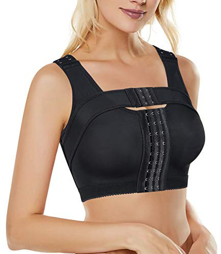 Bafully Women Post Surgery Front Closure Sports Bra with Breast Support Wirefree Racerback (Black, XL)