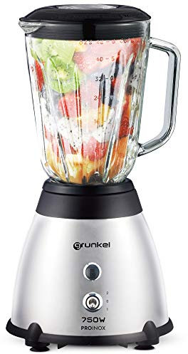 Grunkel - Batidora de vaso 1,5L y 750W - BAT-750PROINOX - Batidora potente con capacidad para 1,5L, 6 cuchillas de acero inoxidable, 2 velocidades, función PULSE, Vaso de cristal