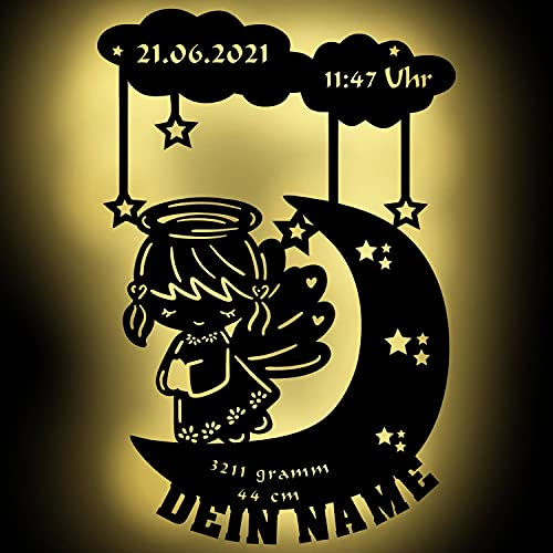 Personalisierbares Schutzengel Schlummerlicht Mond-Engel I Baby-Geschenke zur Geburt & Taufe | Holz Natur I Batteriebetriebene Wand-Lampe Nachtlicht für Mädchen & Junge