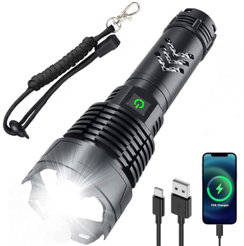 WholeFire Linternas LED recargables de 90000 lúmenes, potente linterna XHP160 superbrillante con batería, zoom impermeable, 5 modos de luces USB para camping, senderismo, al aire libre, emergencia