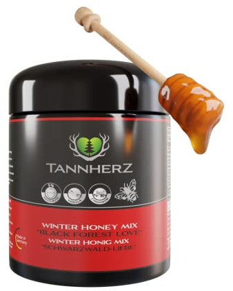 TANNHERZ – Winter Honig Mix “Schwarzwald-Liebe” mit Haselnuss, Zimt & Vanille – Premium Schwarzwaldhonig im UV-Glas mit Holz Honiglöffel – nachhaltiger Schwarzwaldhonig für Brot & Tee geeignet (350g)