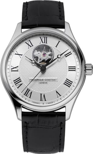 Frederique Constant Classics Heart Beat Automatic Herren Armbanduhr aus Edelstahl und Leder in der Farbe Silber-Schwarz 40mm, Wasserdichtigkeit: 5Bar, FC-310MC5B6