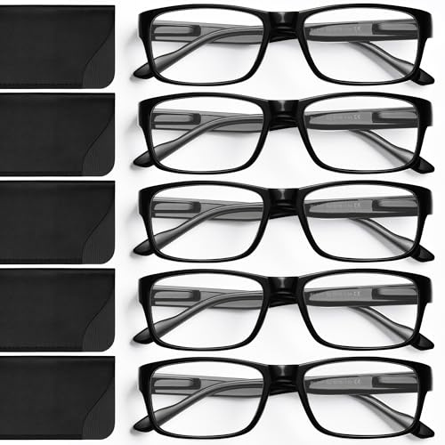 Gaoye Reading Glasses Blue Light Blocking, Readers for Women Men Anti Glare Filter Lightweight Spring Hinge Eyeglasses (5-pack Light Black with Case, 1.5)
