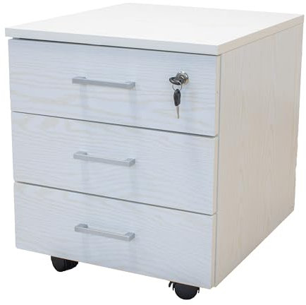 Gardenia Quik Cassettiera Ruote 3 Cassetti, Serrattura con Chiave per Archiviare, Mobili per Ufficio Studio in Legno Bianco, 45x40x46cm