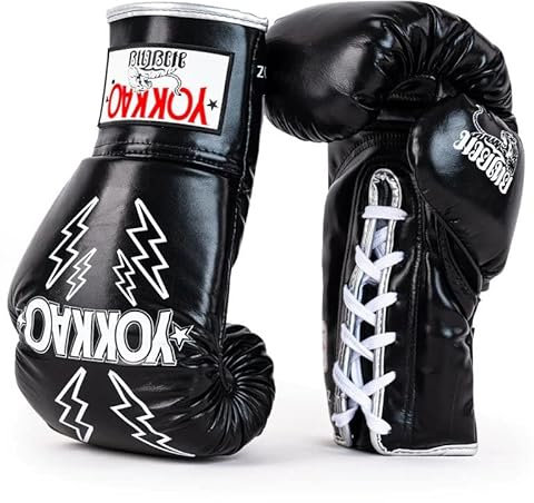 YOKKAO Muay Thai - Guantes de boxeo con cordones para estadio (340.2 g), color negro