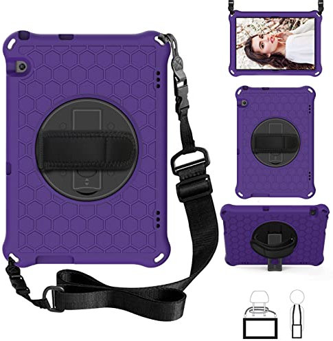 Funda para tablet Huawei MediaPad T5 de 10.1 pulgadas 2018, textura de panal, apta para niños, correa de hombro giratoria de 360 grados, espuma EVA, ligera, a prueba de golpes, color morado y negro