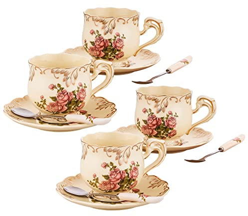 CHILDIKE Teetassen und Untertassen, 237 ml, elfenbeinfarbenes Rosenmuster, Porzellan-Teetasse und Untertassen-Set mit goldfarbenem Rand, Vintage-Teetassen mit Löffel, europäischer Stil (rosa Rose), 4