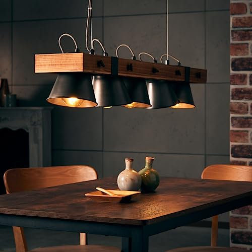 Lightbox 5 flammige Hängelampe - höhenverstellbare Pendelleuchte mit schwenkbaren Köpfen - 115 cm Höhe & 95 cm Länge - 5 x E27 Fassung - aus Metall/Holz aus kanadischer Schwarz-Pappel in Schwarz/Braun