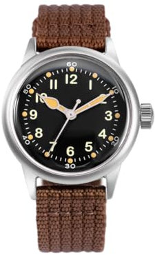 PRAESIDUS | 𝗔-𝟭𝟭 𝗦𝗲𝗿𝘃𝗶𝗰𝗲 𝗪𝗮𝘁𝗰𝗵 - Herrenarmbanduhren - A11, Militär - Schwarzes Zifferblatt 38 mm & braunes Nylonarmband, Montiert in den USA | Automatik, WW2, Geschenke für Männer