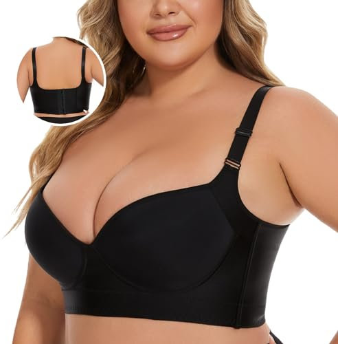 FXYNYQI Full Back Coverage Bras for Women, Fashion Deep Cup Hide Back Fat Bra with Shapewear Incorporated Push Up, Black, 40D