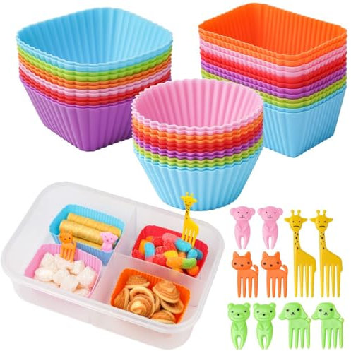 Doiaz Silikon-Lunchbox-Trennwände, 46-teiliges Bento-Bundle-Lunchbox-Set für Kinder, BPA-frei, spülmaschinenfest, ca. 1338,62 ml, Kindlich, Mehrfarbig