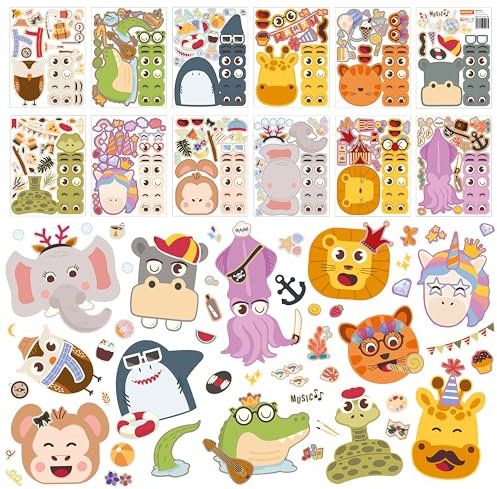 WALPLUS 1444 Stück 15x20cm Party Animals Face Design Mach ein Gesicht Tieraufkleber Kinderaufkleber Set Mischen und Anpassen Aufkleber für Kinderparty Zubehör Geburtstagsgeschenke DIY Dekoration