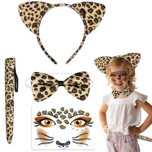 Yi'antai Leoparden Kostüm Set, Leoparden Tierkleid Kostüm, Leoparden Stirnband, Tier Haarreif mit Ohren Schwanz, Cosplay Party Zubehör, für Erwachsene Kinder Karneval