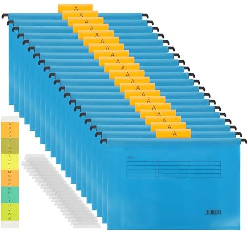 AKOLAFE 20 Pack A4 Filing Cabinet Suspension Files Hevy Duty 40cm Filing Cabinet Dividers A4 Foolscap Blue Hanging Files with Tabs and Inserts for Office, Home and School
