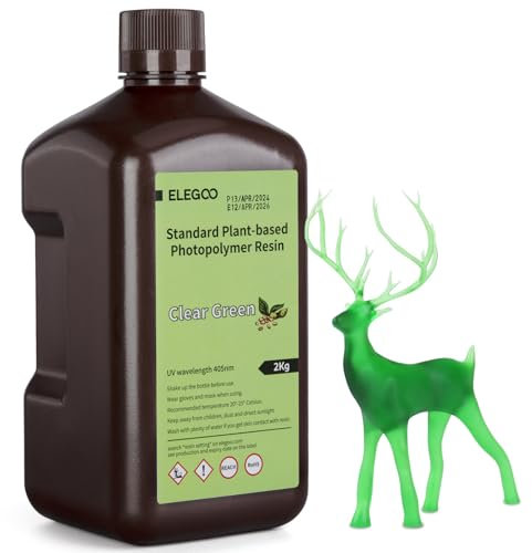 ELEGOO Standard 3D Drucker Resin auf Pflanzlicher Basis mit Extrem Geringem Geruch und Hoher Präzision, 405 nm UV Photopolymerharz, Schnelle Aushärtung Harz für Resin 3D Drucker Klargrün 2000g