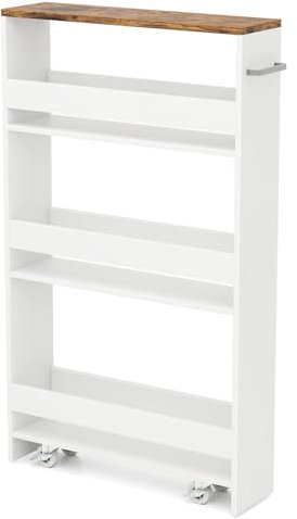GiantexUK 4-Tier Kitchen Storage Trolley, Slide-Out Utility Rolling Cart with Wheels & Handle, Mobile Shelving Unit Organizer for Living Room Office & Laundry Room (White Body+Industrial Top)