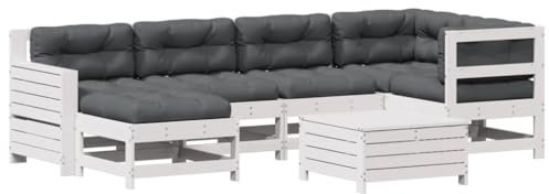 vidaXL Garten Lounge Set 7-tlg., Gartenmöbel mit Kissen, Sitzgruppe für Garten Terrasse, Modular Sofa Garnitur, Weiß Massivholz Kiefer