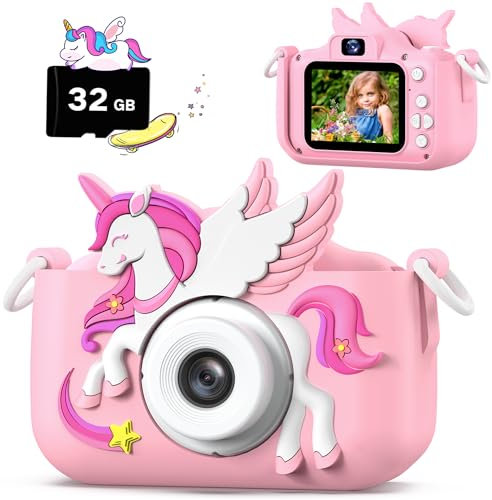 Kinderkamera, Einhorn Selfie Digital Kamera mit 32GB Karte, Weihnachts Geburtstagsgeschenk für Jungen und Mädchen, 1080P HD Kinder Kamera, Geschenke Spielzeug für 3 4 5 6 7 8 9 10 11 12 Jahre
