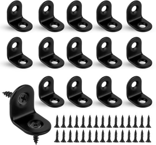 Small Angle Brackets, 16pcs L Brackets, Stainless Steel Corner Bracket for Wood, Right Angle 90 Degree Bracket with 32 Screws for Furniture Desk Table Shelf Corner Braces (20 x 20mm, Black)