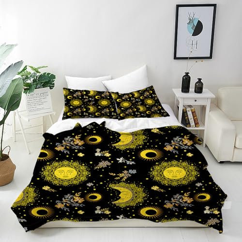 ANHOPE Sonne Mond Sterne Bettwäsche Set 3 Teilig Böhmische Blume Bettbezug 155x220 cm + 2 Kissenbezug 80x80 cm Weich Microfaser Bettbezüge mit Reißverschluss Bettdeckenbezug für Kinder Jungen Mädchen