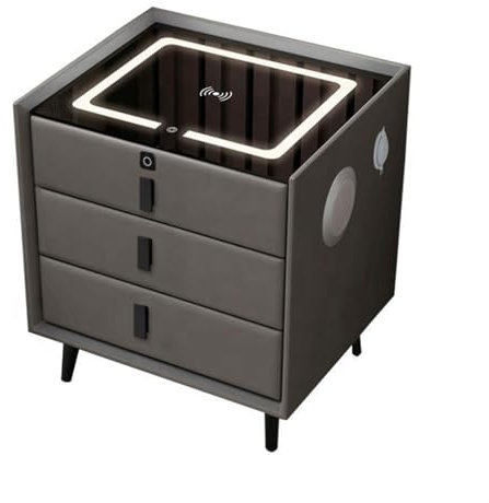 Smart Nightstand with Fingerprint Lock, Smart Bedside Table Nightstand with Wireless Charging Station USB Port,3 Color LED Lights and Speaker, Modern Wooden Night Stand for Home (Gray, 3 drawers)