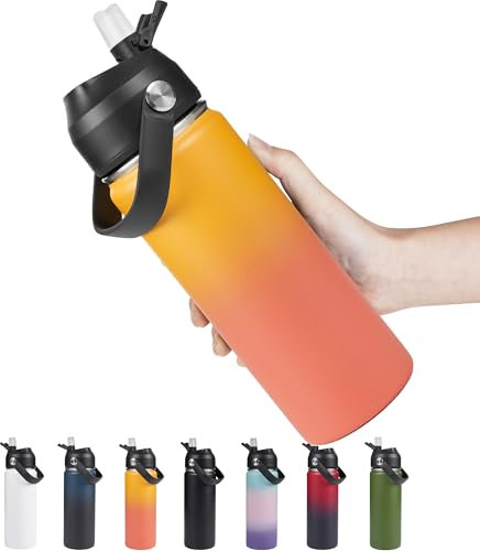 Fijinhom 18oz Insulated Stainless Steel Water Bottle, Wide Mouth Double Wall Vacuum, Silicone Straw, Sweat & Leak Proof, BPA Free Insulated Water Flask for Travel, Keep Cold 24h Hot 12h, Orange