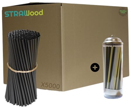 5000 Pailles STRAWOOD Blanc 7x21 de Lignine et Fibre de Bois totalement naturelle, SANS Plastique ou Agave. Pailles STRAWOOD jetable en respectant la NATURE (Noir)