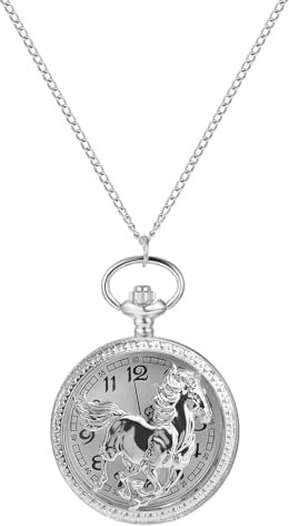 JewelryWe Taschenuhr Pferd für Herren Damen: Silber Laufendes Pferd Hohle Kettenuhr Analoge Quarz Uhr Anhänger mit Halskette Kette Geschenk für Männer Frauen