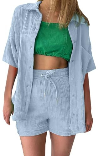GFPGNDFHG Summer Muslin Blouse Women's Two-Piece Shirt and Shorts teveo musselinkleid sport bh damen set 2 teiler damen sommer elegant strand urlaub sport jacke damen fitness familien outfit set