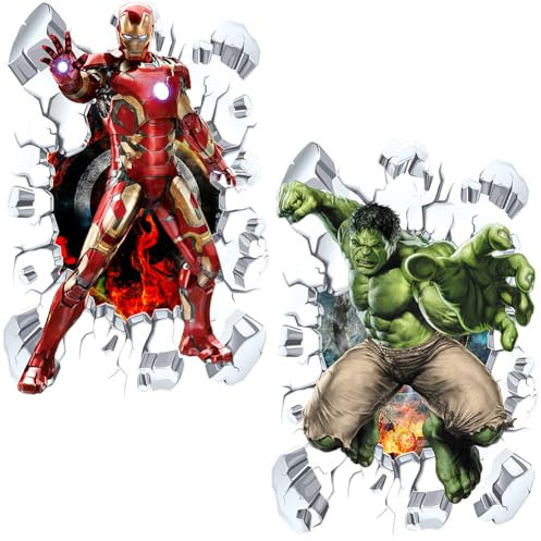 Avengeer Wandaufkleber, Hullk Ironn Man Wandaufkleber 3D Wandsticker Avengeer Wandüber Wall Art Wandtattoo Selbstklebend für Kinderzimmer Wohnzimmer Wanddekoration 2pcs