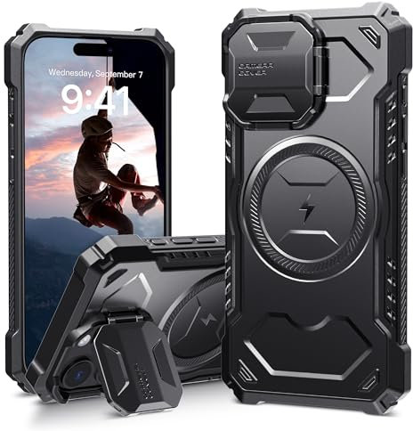 ALAFLY for iPhone 16 Pro Max Case with Camera Cover Kickstand [Compatible With MagSafe], Build-In Magnet Shockproof Protective Case, Heavy Duty Military Grade Protection, Black