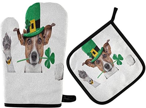 Oven Gloves Irish Jack Russell Dog St Patrick'S Day Potholders Non-Slip Oven Mitts And Pot Holders Printing Oven Mitts For Kitchen Accessories Microwave Baking