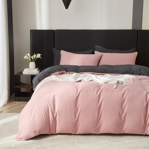 Boqingzhu Baumwolle Bettwäsche 220x240cm Rosa Altrosa Grau Einfarbig Uni Aesthetic Wendebettwäsche Set Bettbezug 220x240cm und 2 Kissenbezüge 80x80cm mit Reißverschluss